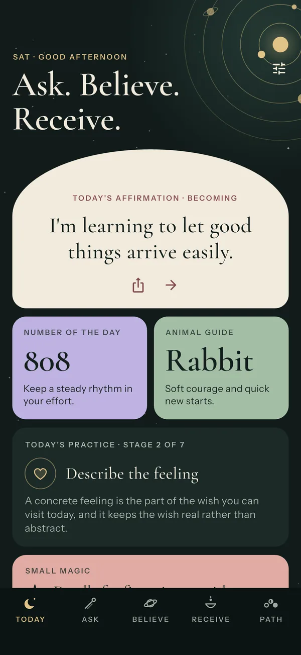 The Today screen: an affirmation, the number of the day and an animal guide